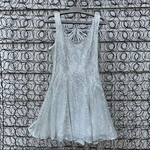 Vintage 90s Maurices Silver Sparkle Mini Dress Gown Party Glam Disco 7/8